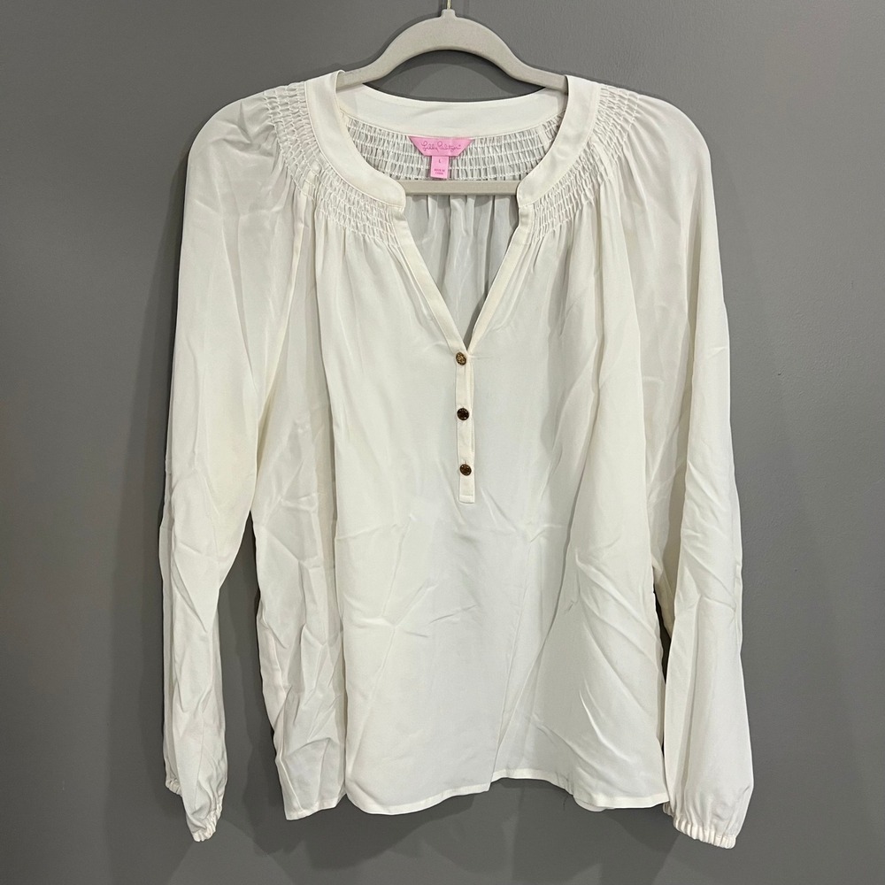 Lilly Pulitzer Blouse Women Large White Great Silk Smocked V-Neck Button Top